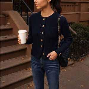 Vintage Hastings & Smith Petites Navy Ribbed Cardigan Jacket w/ Gold Buttons